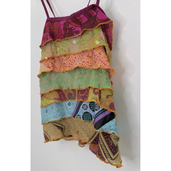 Silly Yeti 100% Silk Tiered Boho  Tie Back Sleeveless Blouse See Measurements - Picture 4 of 9